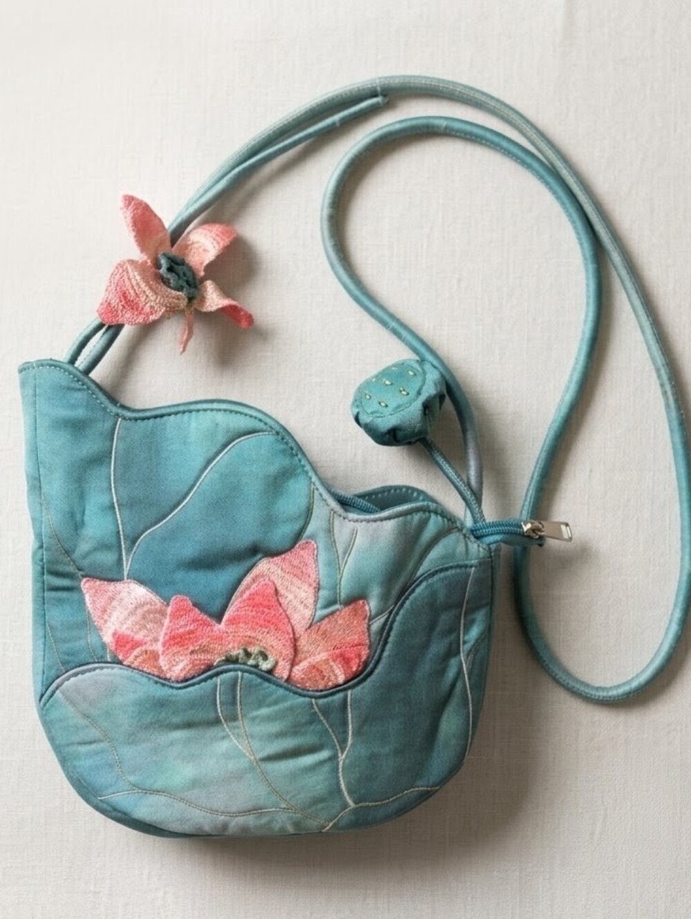 Lotus Flower Leaf Shoulder Bag Blue Green Teal Embroidered 3D Floral Crossbody